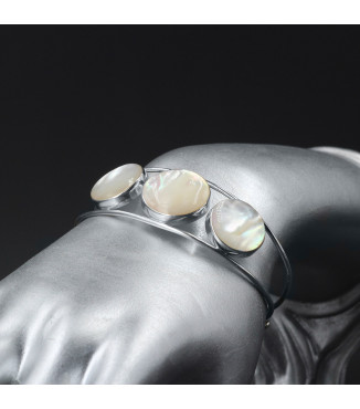Orbital Pearl Glow Bracelet – Genuine Mother of Pearl Shell in 925 Sterling Silver – Boho Lunar Cuff