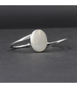 Orbital Pearl Glow Bracelet – Genuine Mother of Pearl Shell (Iridescent White Nacre) in 925 Sterling Silver – Boho Lunar Cuff Statement Jewelry
