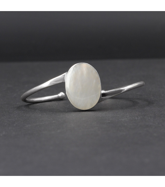 Orbital Pearl Glow Bracelet – Genuine Mother of Pearl Shell (Iridescent White Nacre) in 925 Sterling Silver – Boho Lunar Cuff Statement Jewelry