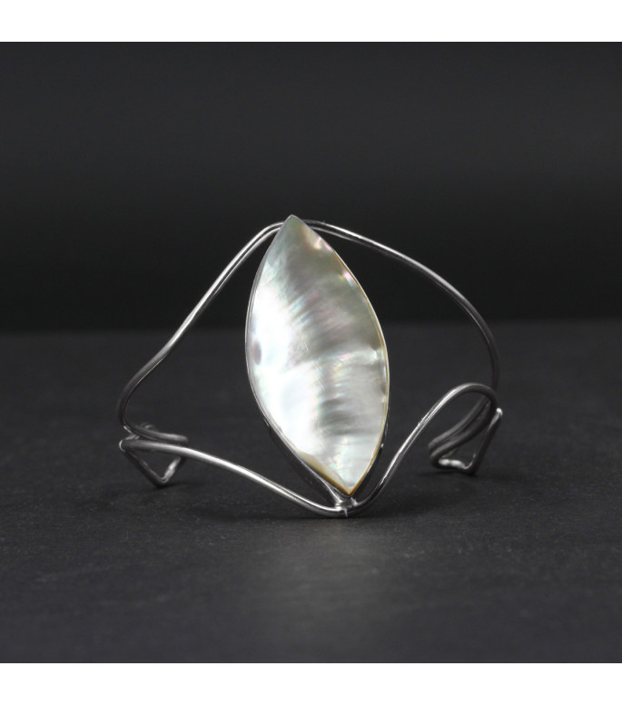 Orbital Pearl Glow Bracelet – Genuine Mother of Pearl Shell (Iridescent White Nacre) in 925 Sterling Silver – Boho Lunar Cuff Statement Jewelry
