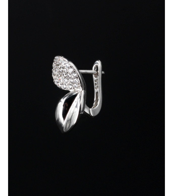 Elegant Leaf Pavé CZ Hoop Sterling Silver Earrings 925