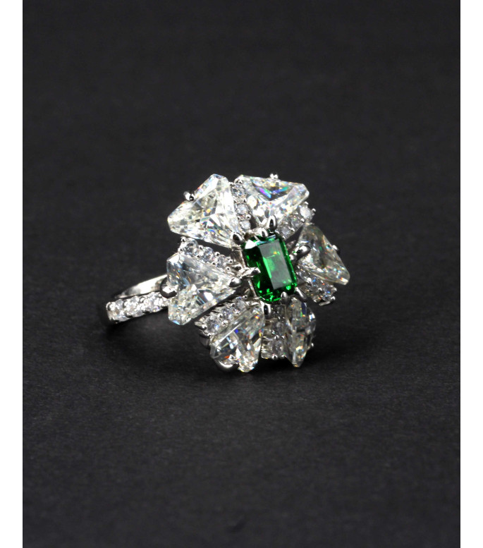 Luxury Large Emerald Green CZ Cluster Flower Ring 925