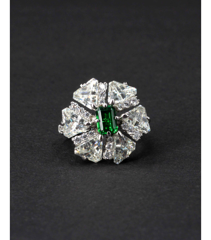 Luxury Large Emerald Green CZ Cluster Flower Ring 925